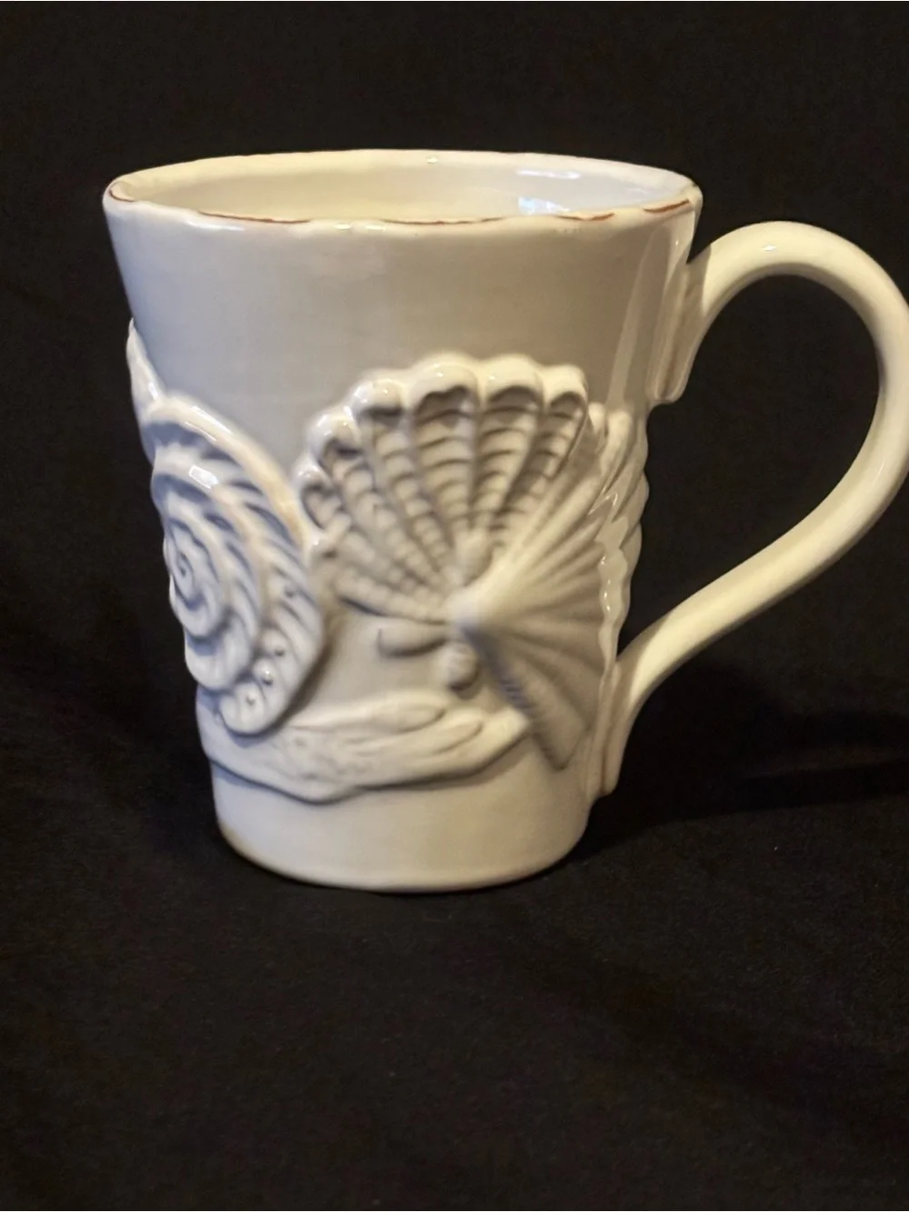 Mud Pie Milk-Glazed Terracotta Embossed Coffee Mug. Seashell and Starfish